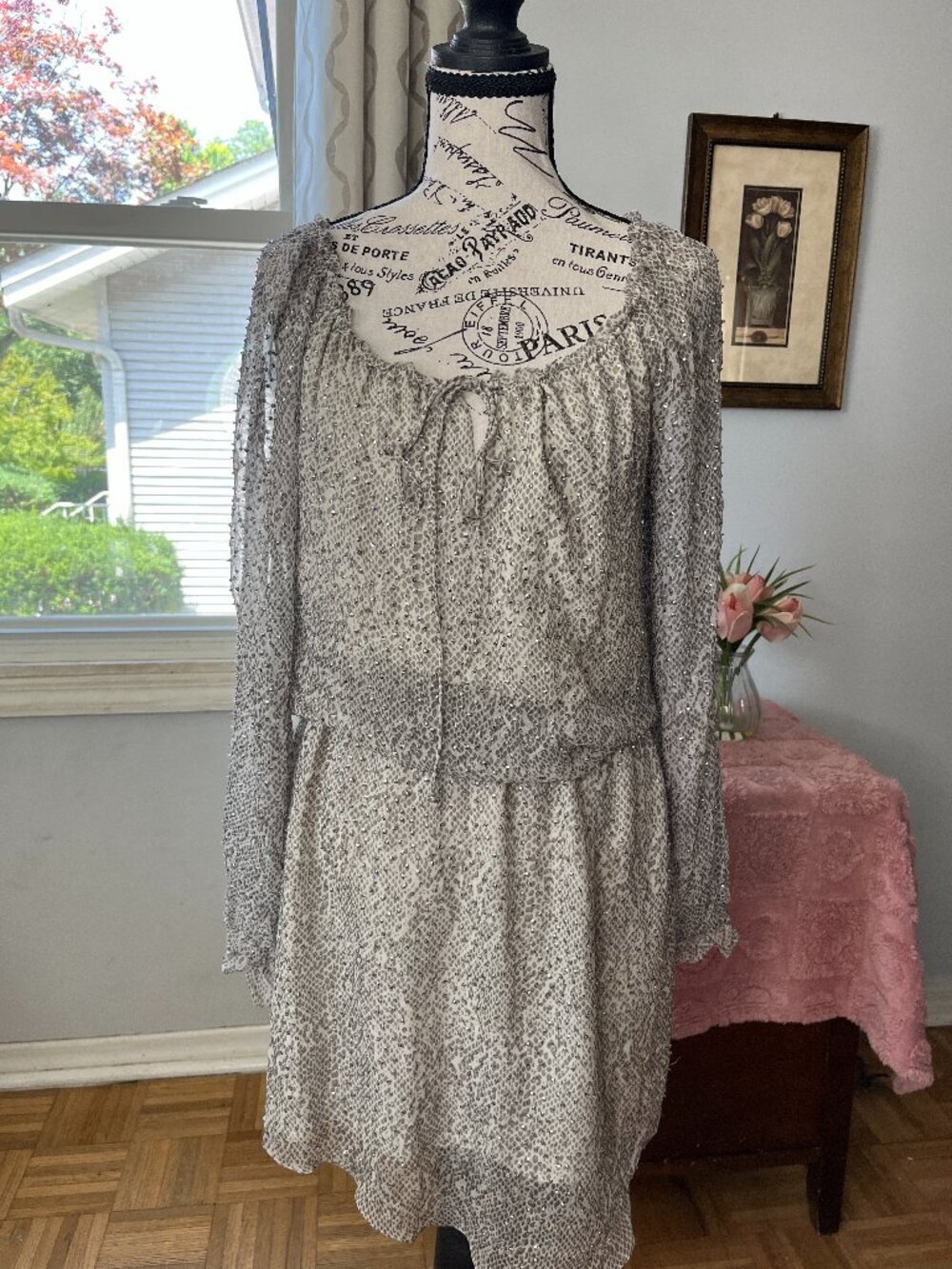 Haute Hippie Bohemian Beaded Indie Silk Peasant Long-Sleeve Dress Sz S $595